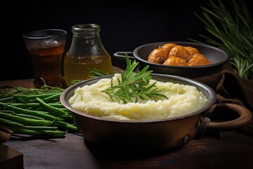 Wall Mural - fluffy mashed potatoes served in a bowl next to green beans