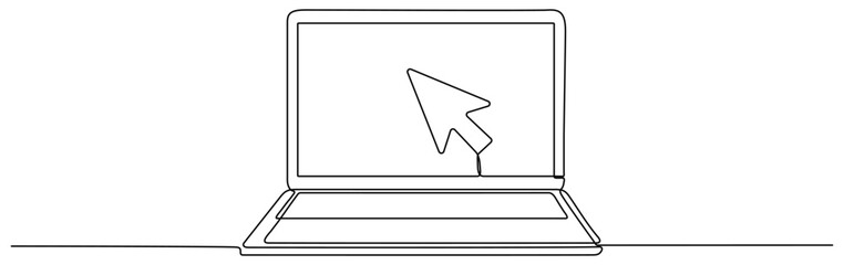 Poster - Laptop with mouse cursor continuous line drawn. Arrow pointer linear symbol. Vector illustration isolated on white.