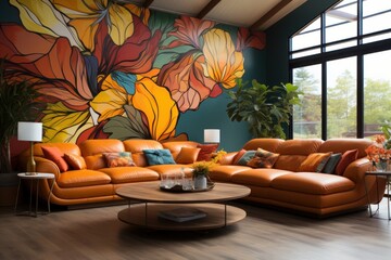 Wall Mural - Vibrant Living Room with Floral Mural and Leather Sectional