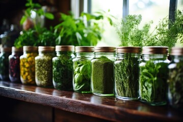 Poster - close-up of assorted herbs inside of glass jars