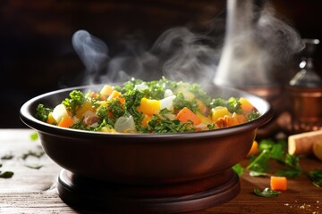 Poster - a bowl of steaming vegetable soup on a wooden table