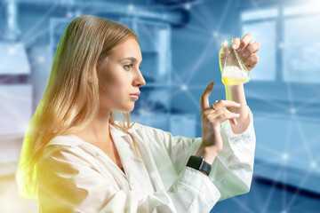 Poster - Chemist girl. Laboratory assistant with flask. Chemical reagent in hand of student. Pupil college of chemistry. Woman in university laboratory. Lady chemist in white coat. Chemist looking at reagent