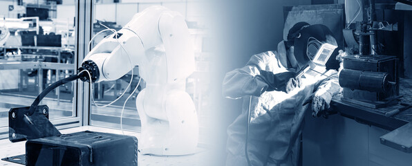 Poster - Welding robot. Man welder in protective mask. Robotization of soldering works. Modern welding equipment. Innovations in industry. Welding robot in production. Concept of replacing welders with robots