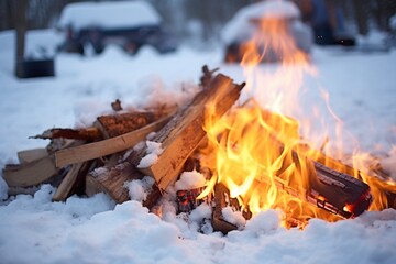 Poster - close up of burning logs and flames in snow