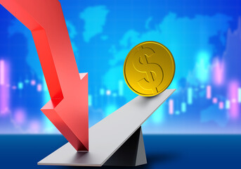 Wall Mural - Dollar inflation. Down arrow drops USD coin. Declining financial attractiveness of dollar. Investment background. USD inflation. Dollar coin on swing. Economy inflation crisis concept. 3d image