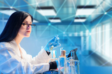 Poster - Woman doctor. Pharmacologist with test tubes. Doctor creates prescription drug. Girl is sitting at laboratory table. Woman pharmacologist with electronic tablet. Medic with flasks. Selective focus