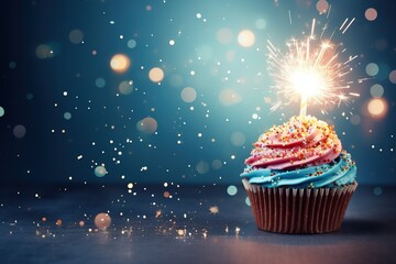 Colorful background birthday cupcake with sparklers for design with copy space