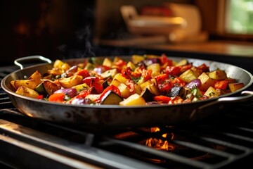 Poster - a pan of leftover roast vegetables on a stove