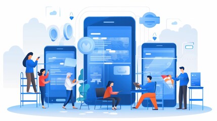 Scene depicting a team of developers working on mobile app development, coding for iOS or Android platforms