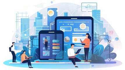 Scene depicting a team of developers working on mobile app development, coding for iOS or Android platforms