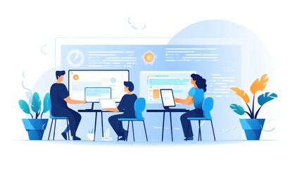Scene depicting a team of developers working on mobile app development, coding for iOS or Android platforms