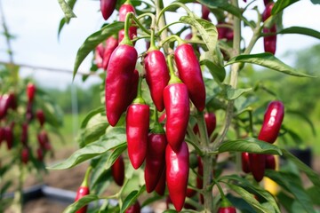 Poster - close-up shot of ripe red chili peppers on the plant