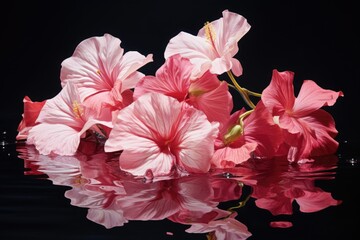 Sticker - a handful of hibiscus petals falling onto a reflective surface