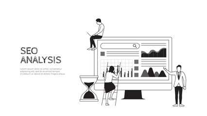 Poster - SEO analysis concept with monitor, hourglass and characters. Doodle vector illustration