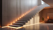 Sleek concrete steps and backlit alabaster panels in minimalist hallway. Futuristic home interior design