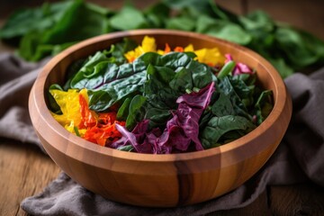 Poster - colorful salad greens closely packed in a wooden bowl