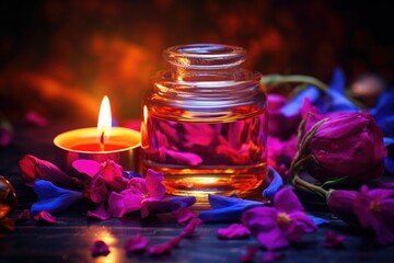 Poster - close-up of a candle burning with essential oils beside it