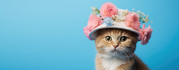 portrait cute fluffy cat in hat with fresh spring flowers isolated on flat blue background with copy