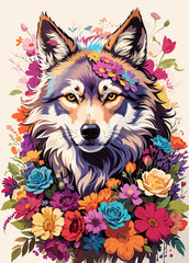 Naklejka na meble Wild Wolf Embraced by Colorful Petals