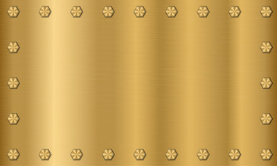 Poster - Golden metal texture background with bolts. Gold plate with bolts. Metallic texture effect. Steel background. Vector illustration