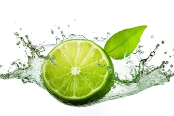 Slice of lime with water splash isolated on white background