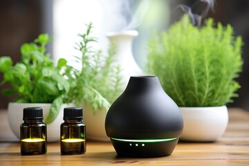 Sticker - essential oil bottles on a wooden surface, diffuser in background