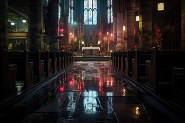 Sticker - empty church illuminated by christmas lights