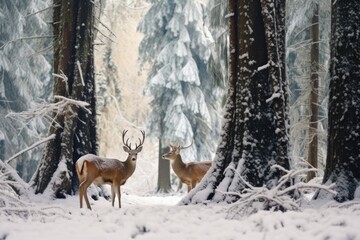 Wall Mural - deer grazing in a snow-covered forest