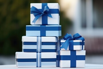 Poster - blue and white gift boxes stacked on each other