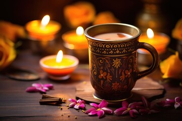 Canvas Print - a mug of masala chai on a wooden table with diwali lanterns