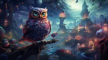 A Magical Purple-tinged Beautiful Owl On A Branch And A Beautiful Magical Night City In The Background