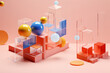 Professional 3D render isometric composition of simple plastic and glass objects on solid color background