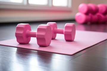 Sticker - pink dumbbells by a water bottle on an exercise mat