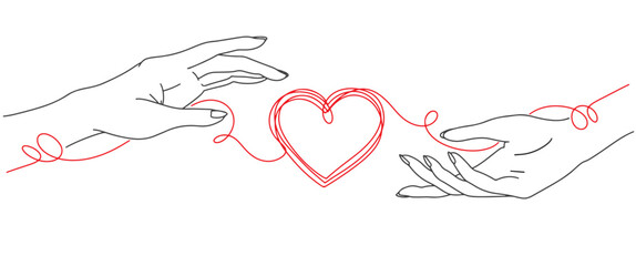 Wall Mural - Two hand with two heart line art style vector illustration