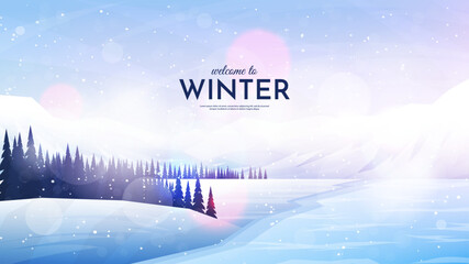 Wall Mural - vector illustration. flat landscape. snowy background. snowdrifts. snowfall. clear blue sky. blizzar