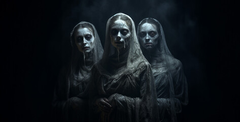 Wall Mural - scary halloween zombie, scary halloween ghost, Three victorian scary ghost women looking down