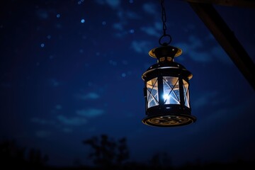 Wall Mural - lit lantern against a dark blue night sky