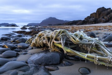 Poster - ice coated sea kelp washing up on the beach