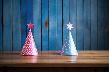 two party hats, one pink and one blue, on a wooden table