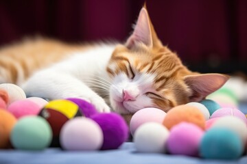 Canvas Print - sleeping kitten near pile of soft therapy balls