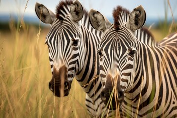 Wall Mural - two zebras grazing together in a grassland