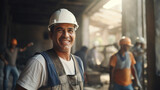 Fototapeta  - Happy of team construction worker working at construction site. Man smiling with workers in white construction industry.