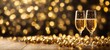 Champagne for festive cheers with gold sparkling bokeh background. Glasses of sparkling wine in front of tender bright gold bokeh. Horizontal background for celebrations. Copy space