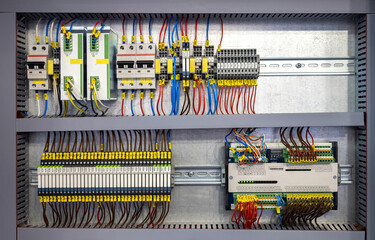 Poster - industrial automation. electrical equipment in power panel. electrical panel in factory. electric ma