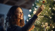 Happy girl decorate the house christmas tree, smiling young girl enjoying festive activities concept
