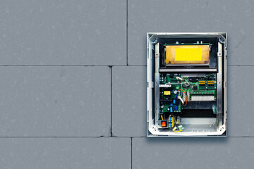 Poster - electronics cabinet. digital board inside metal shield. cabinet with electrical equipment on wall. c
