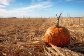 Canvas Print - close-up of a single pumpkin in a vast field