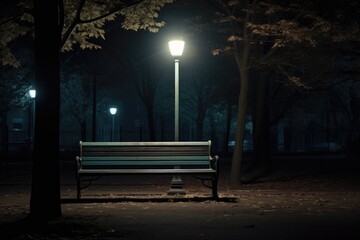 Poster - empty park bench under a single illuminated lamp