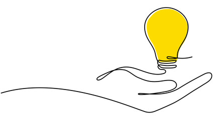 Poster - lighting lightbulb on hand one continuous line drawing. linear electric yellow lamp. vector isolated