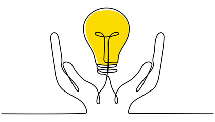 Poster - human hands holding lighting lightbulb continuous line drawing. electric yellow lamp. brainstorm lin